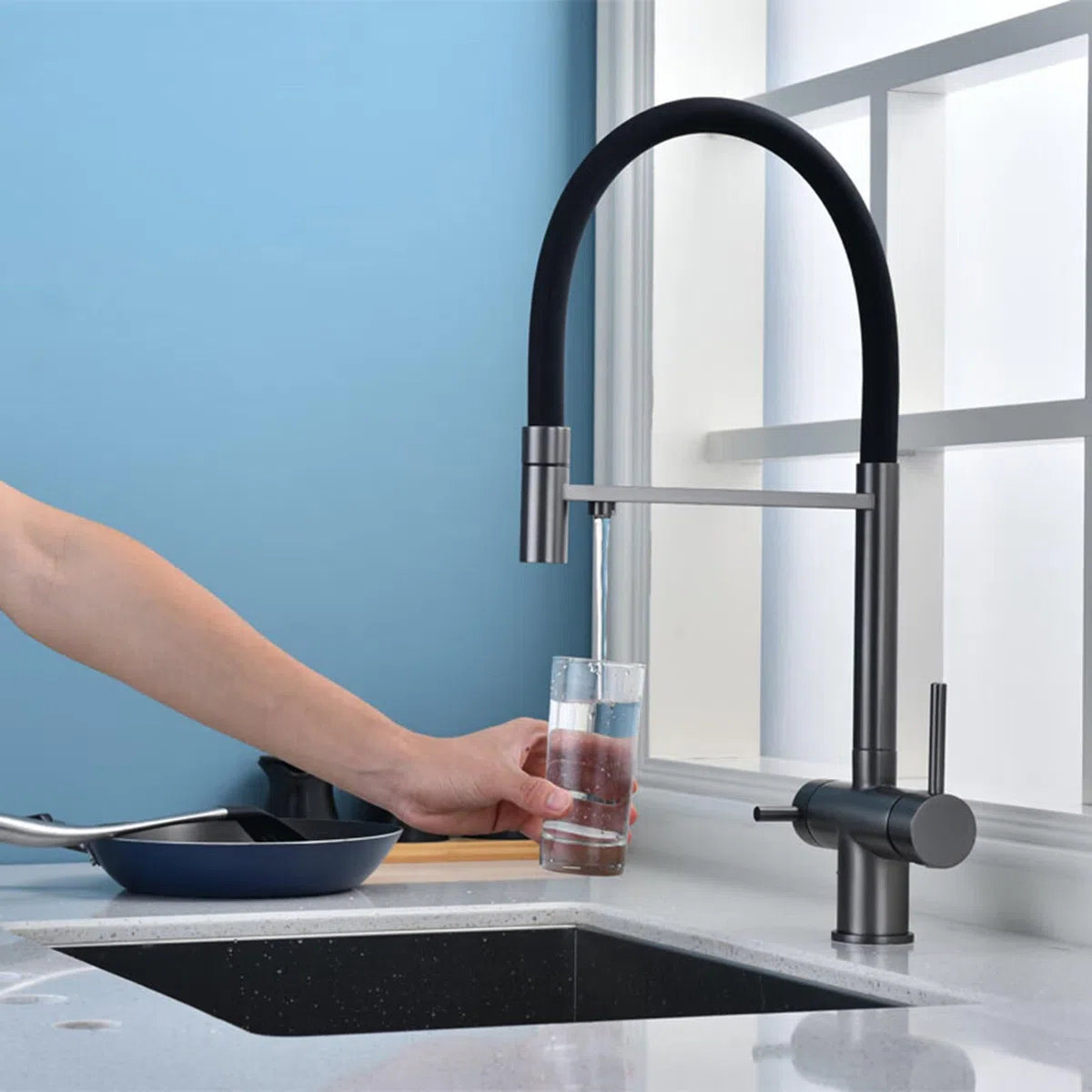 XJTNLB Grifo Osmosis 3 Vias Extraible Doble Asa Grifo de Cocina 3 en 1 Doble Salida de Agua Grifos Osmosis Fregadero Negro