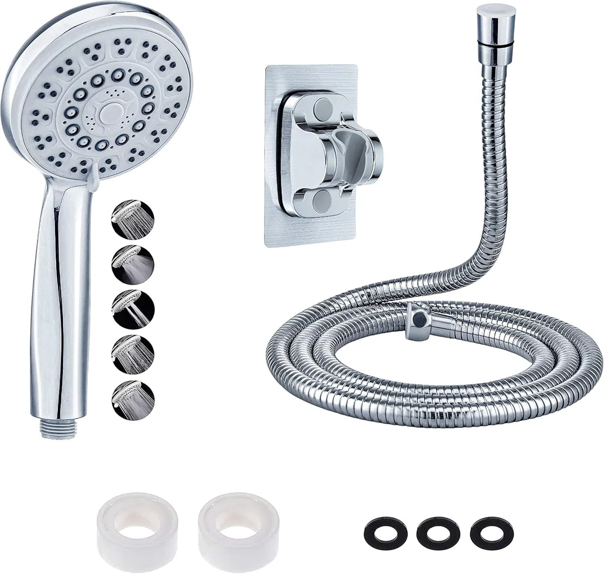 Alcachofa de ducha + soporte adhesivo + 2 m flexible de ducha de acero 5 funciones de chorro ducha multifuncional de alta presión ABS cromado cabezal antical con boquilla de ahorro de agua