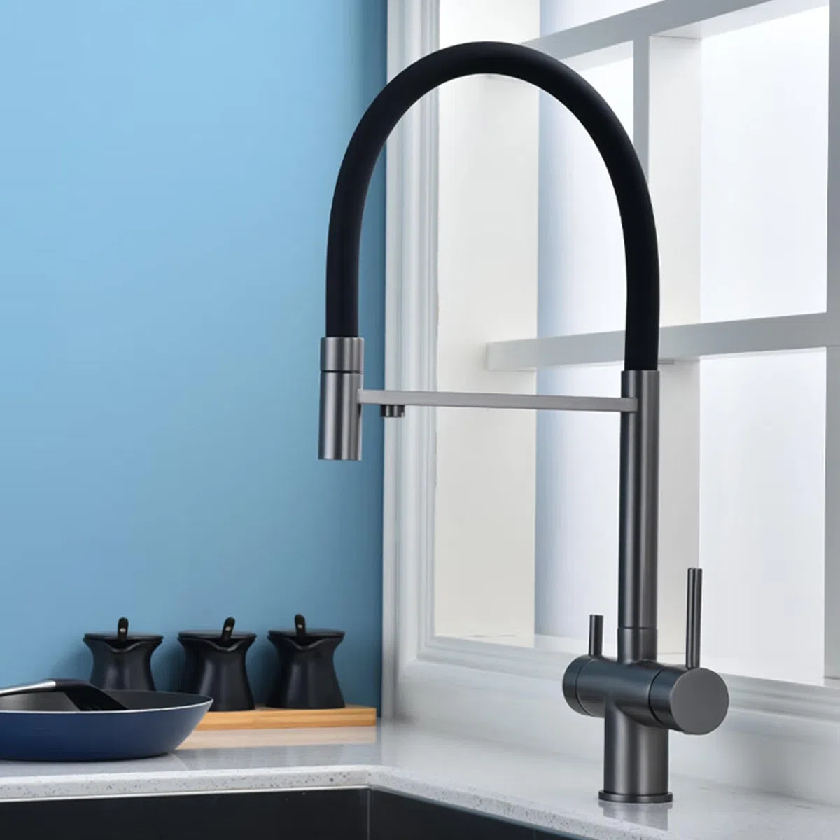 XJTNLB Grifo Osmosis 3 Vias Extraible Doble Asa Grifo de Cocina 3 en 1 Doble Salida de Agua Grifos Osmosis Fregadero Negro