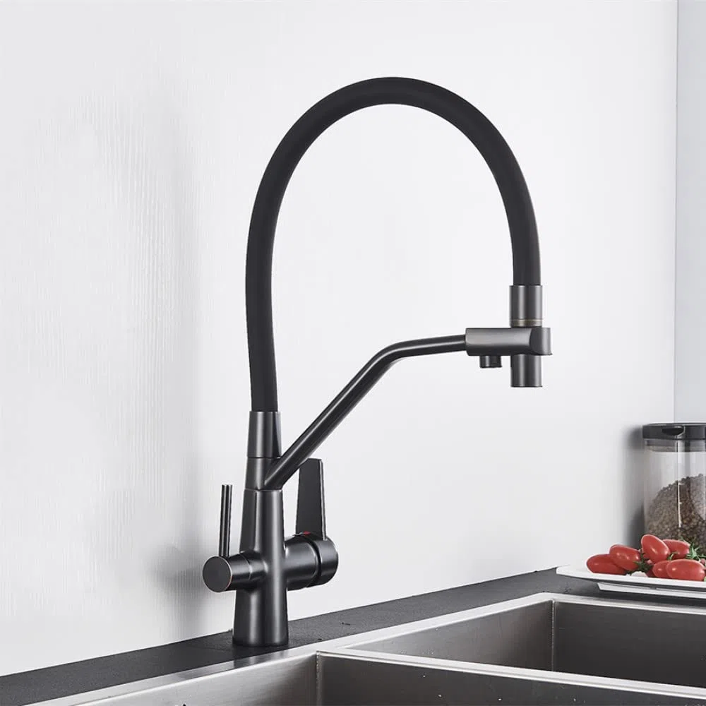 Grifo caliente y frío Grifo del fregadero de la cocina Grifo Mezclador de filtro de agua pura Grúa Manijas dobles Purificación de la cocina, negro mate B, talla única