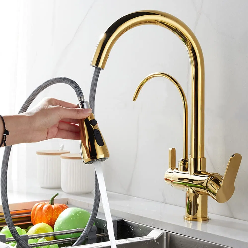 Agua fría y caliente Modo de grúa Grifo mezclador montado en cubierta Filtro de sensor táctil Grifo de cocina con agua pura Grifo mezclador extraíble Girar, dorado, talla única
