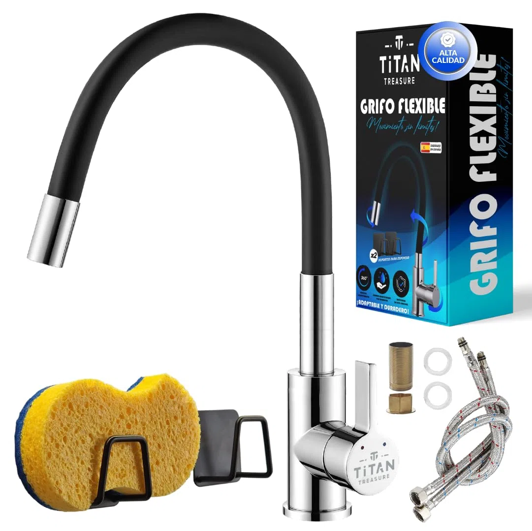 Grifo de Cocina Flexible 360° – Monomando de Acero Inoxidable, Giratorio Antisalpicaduras, Agua Fría y Caliente, Instalación Fácil sin Fontanero, Fregadero Doble, Torneira Cozinha
