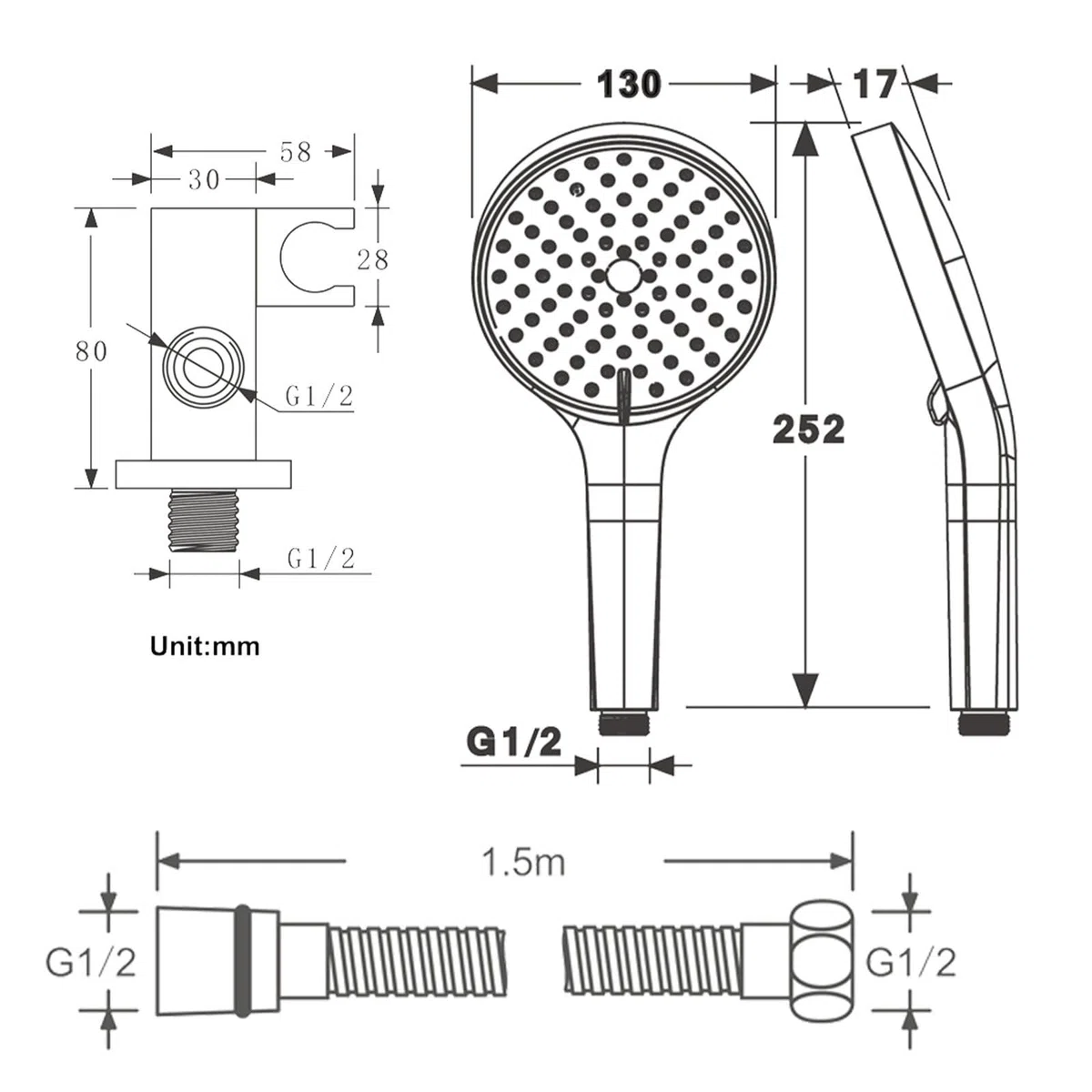 Alcachofa de Ducha, Cabezal de Ducha con Conector Mural Orientable y Flexo de Acero Inoxidable 1.5m, Duchas de Baño Alta Presión, Ahorro de Agua, Kit de Ducha para Baño y Bañera