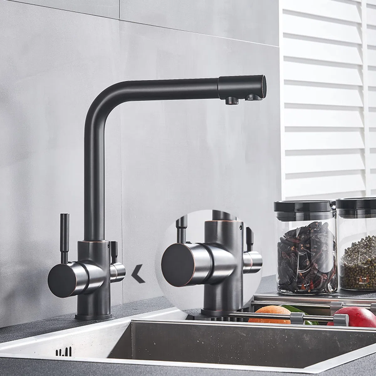 Grifo de latón blanco y negro, agua pura, cocina, doble manija, agua potable fría y caliente, grifos mezcladores de cocina con filtro de 3 vías, bronce negro-A To pursue happiness