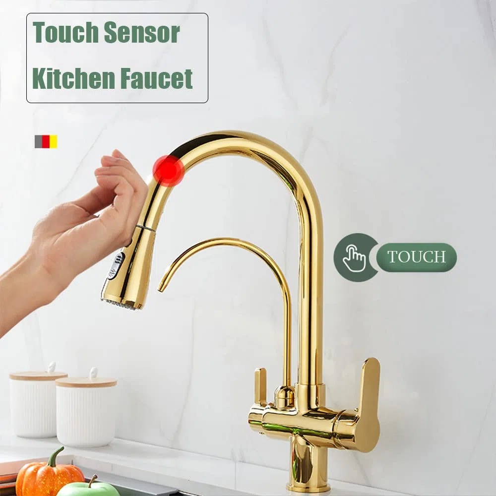 Agua fría y caliente Modo de grúa Grifo mezclador montado en cubierta Filtro de sensor táctil Grifo de cocina con agua pura Grifo mezclador extraíble Girar, dorado, talla única