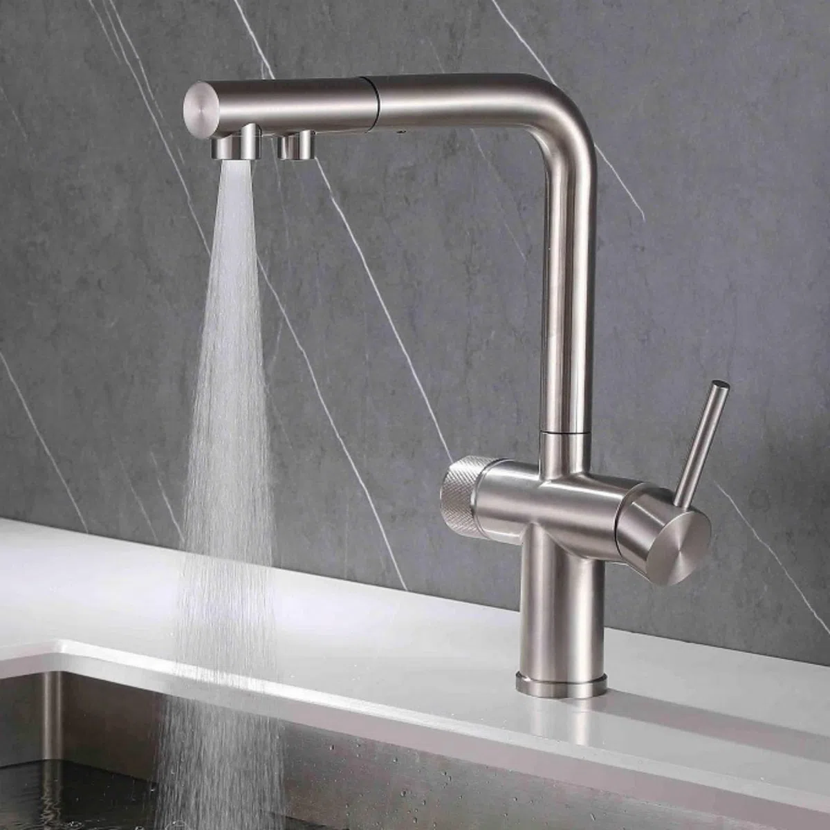 Grifo Osmosis Extraible Grifo Cocina Acero Inoxidable con 2 Salidas Grifo de Cocina Fregadero con Osmosis Mezclador Agua Fría y Caliente