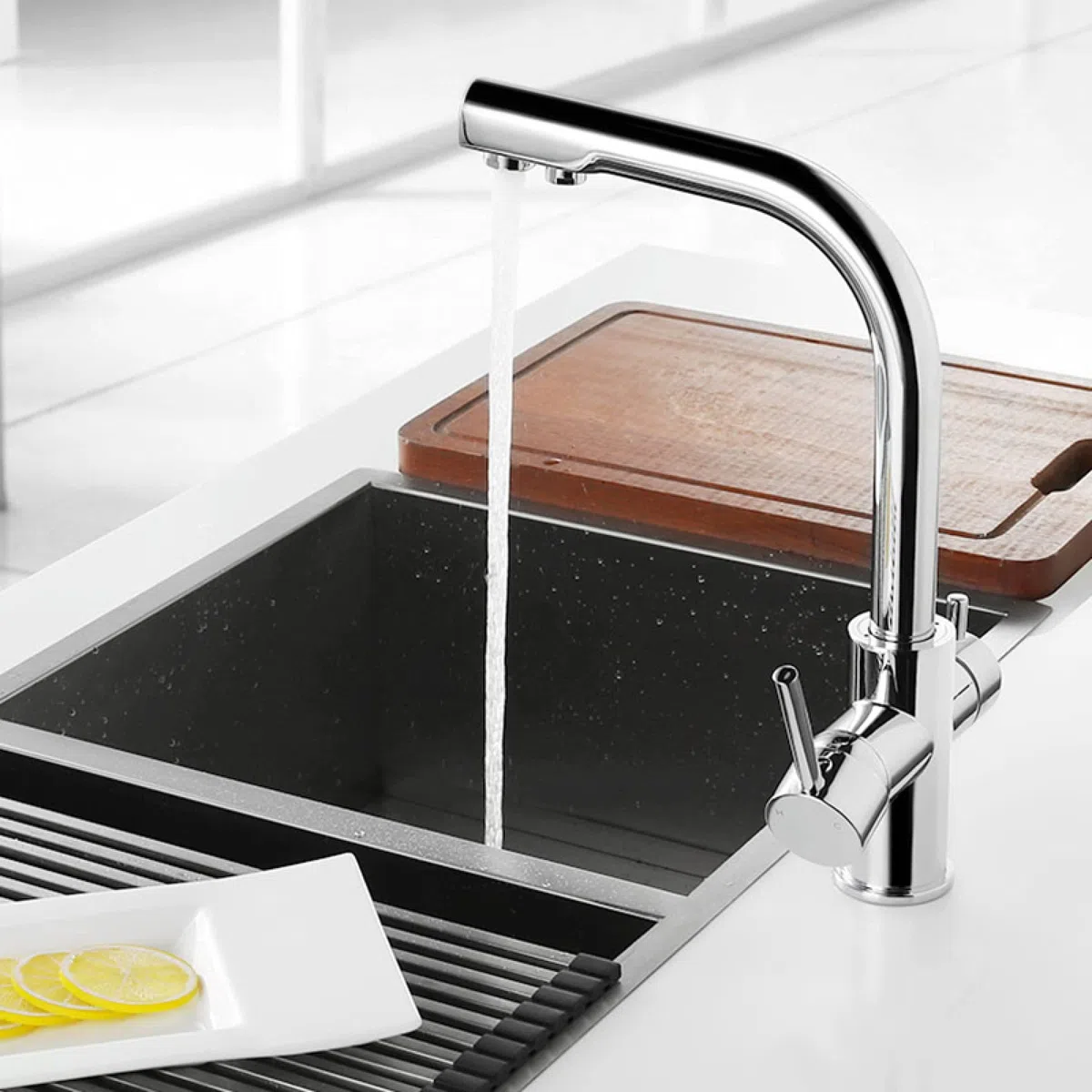 Grifo de latón blanco y negro, agua pura, cocina, doble manija, agua potable fría y caliente, grifos mezcladores de cocina con filtro de 3 vías, bronce negro-A To pursue happiness