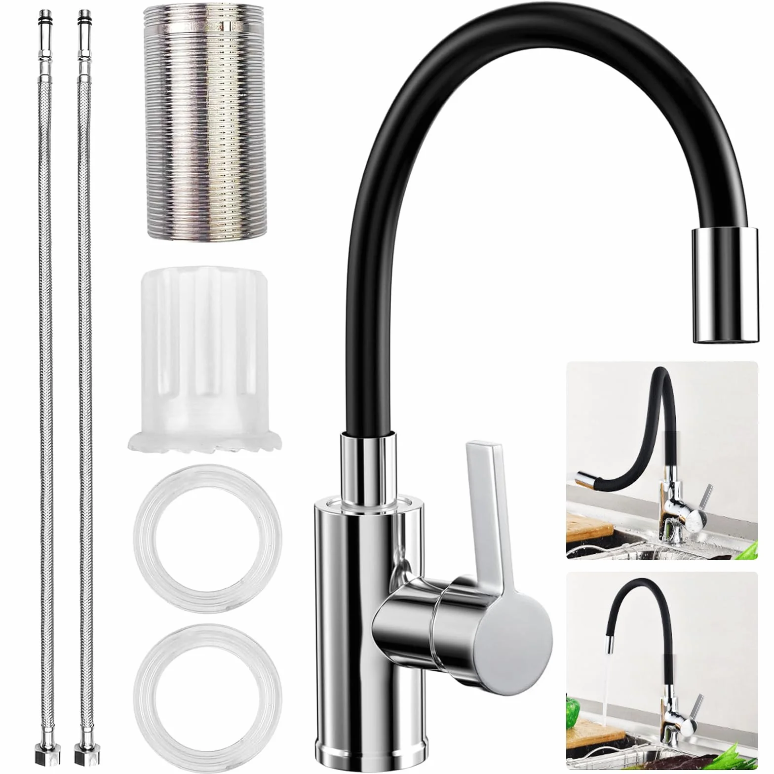 Grifo Cocina Flexible, Grifos Cocina Fregadero Negro de Acero Inoxidable Giratorio a 360°con Caño Flexible, Torneira Cozinha Monomando de Alta Presión con Tubos para Agua Fría y Caliente