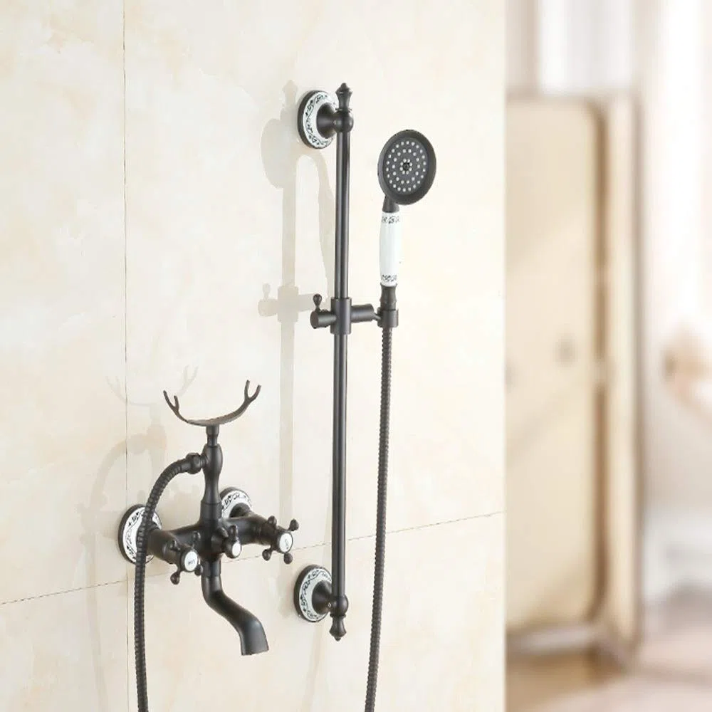 Elegante juego de grifos de cocina de bronce negro con porcelana azul antigua, elegante accesorio de baño con cabezales de ducha fijos, fácil instalación y diseño moderno para mejorar el hogar