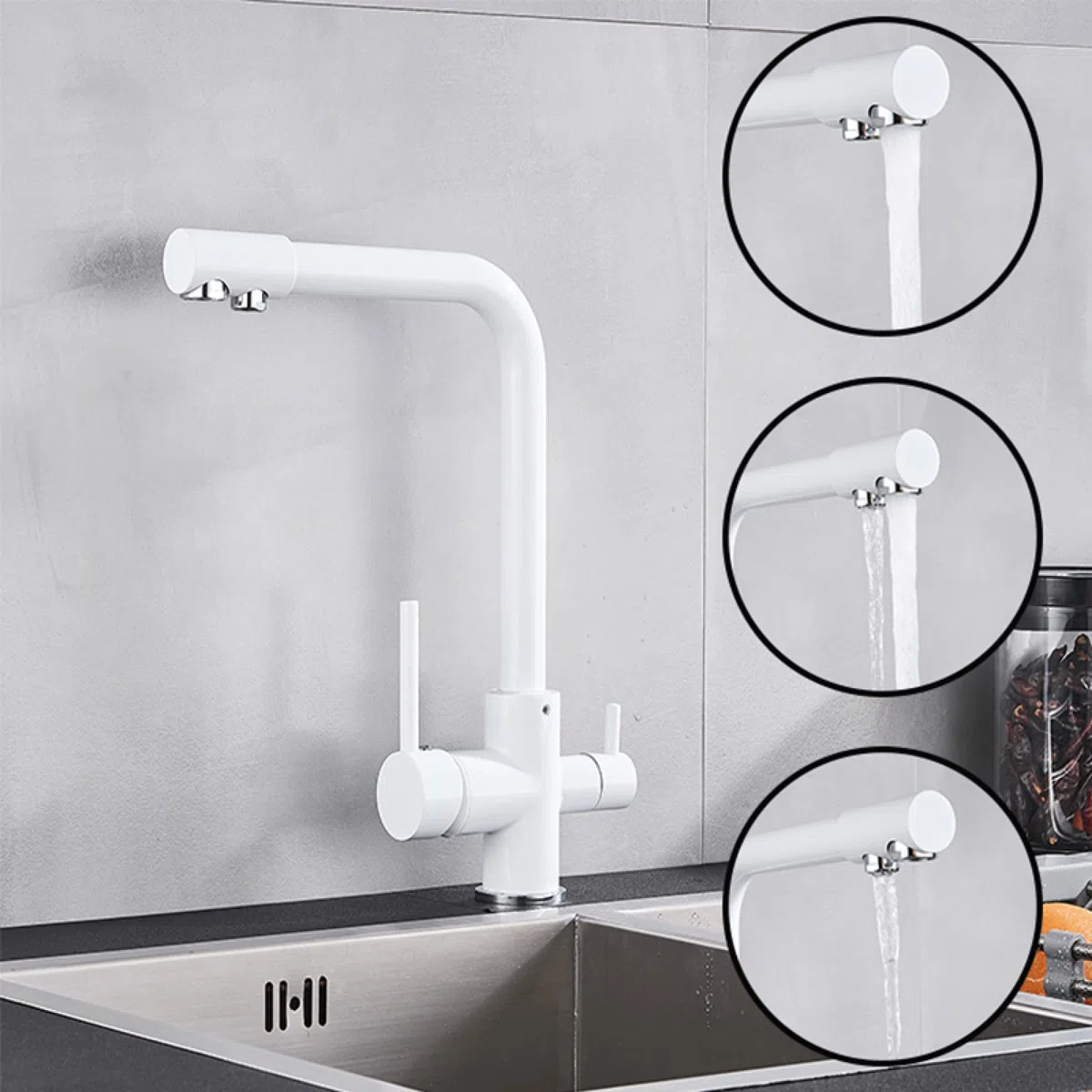 Grifo de latón blanco y negro, agua pura, cocina, doble manija, agua potable fría y caliente, grifos mezcladores de cocina con filtro de 3 vías, bronce negro-A To pursue happiness
