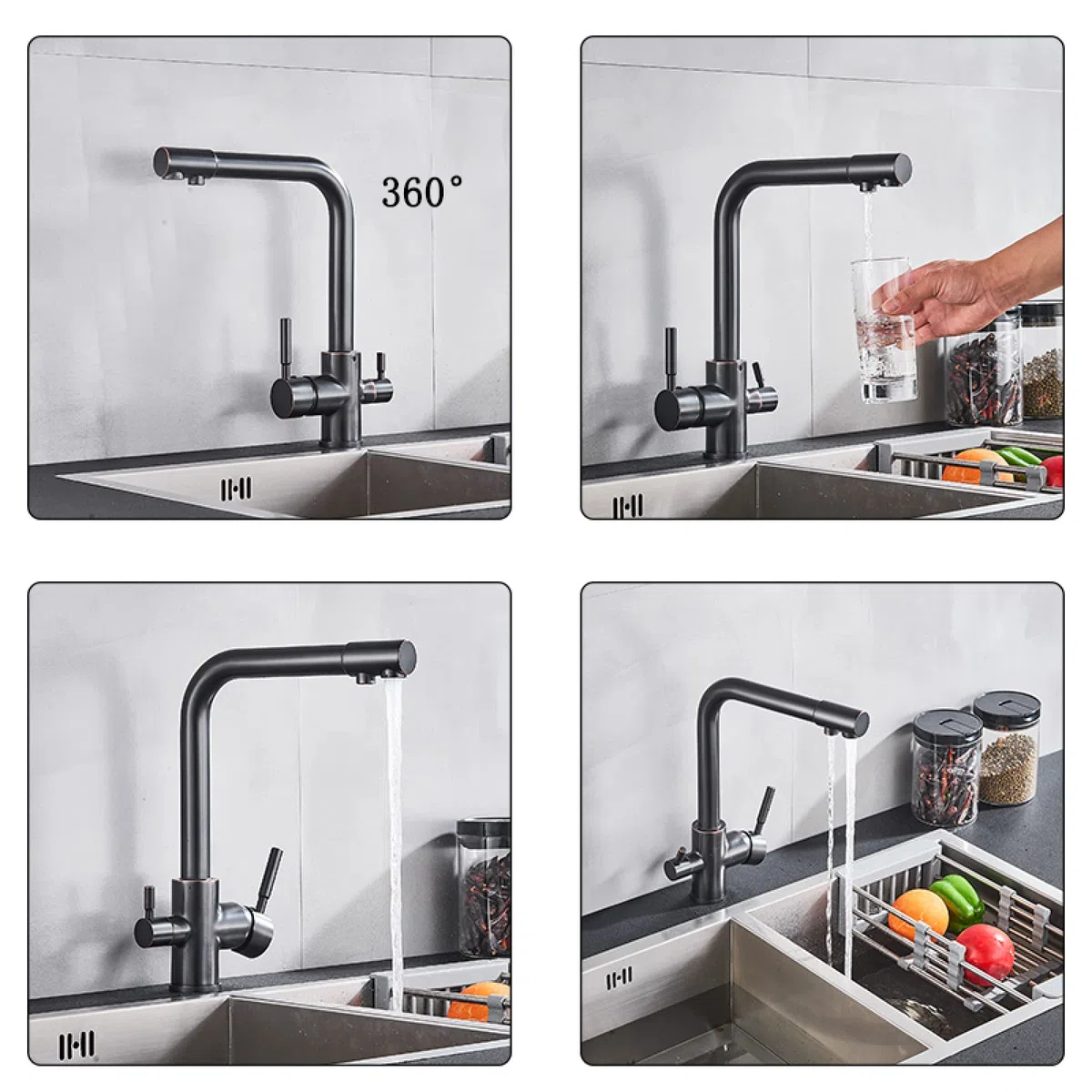 Grifo de latón blanco y negro, agua pura, cocina, doble manija, agua potable fría y caliente, grifos mezcladores de cocina con filtro de 3 vías, bronce negro-A To pursue happiness