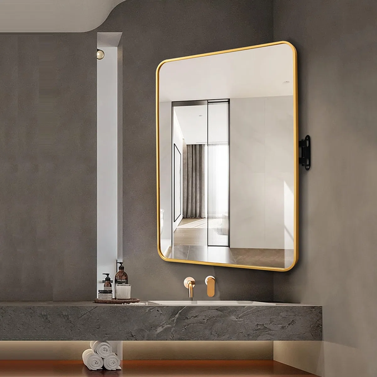 Ecpiel - Alcachofa de ducha rectangular ajustable de metal cepillado giratorio, brazo extensible, grande, giratorio e inclinable, vertical y horizontal (D 70)