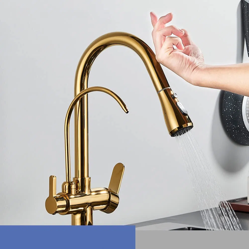 Agua fría y caliente Modo de grúa Grifo mezclador montado en cubierta Filtro de sensor táctil Grifo de cocina con agua pura Grifo mezclador extraíble Girar, dorado, talla única